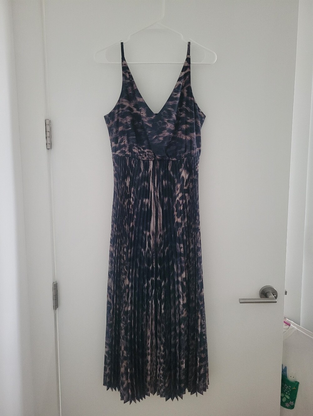 AllSaints Black and Taupe Pleated V-Neck Maxi Cheetah Print Dress